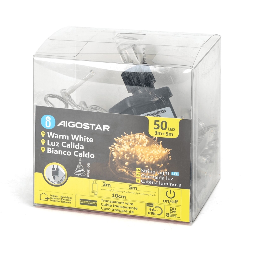 Aigostar - Χριστουγεννιάτικα λαμπάκια εξωτερικού χώρου LED 50xLED/8 λειτουργίες 8m IP44 θερμό λευκό