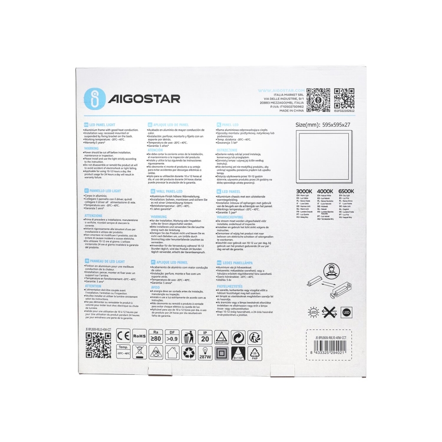 Aigostar - Χωνευτό πάνελ οροφής LED LED/40W/230V 3000K/4000K/6500K 60x60cm λευκό