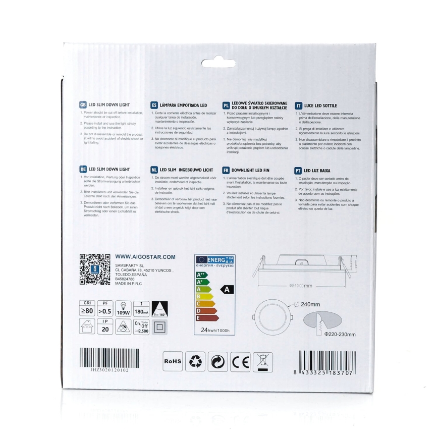Aigostar - Χωνευτό Φωτιστικό LED ULTRATHIN LED/24W/230V 4000K λευκό