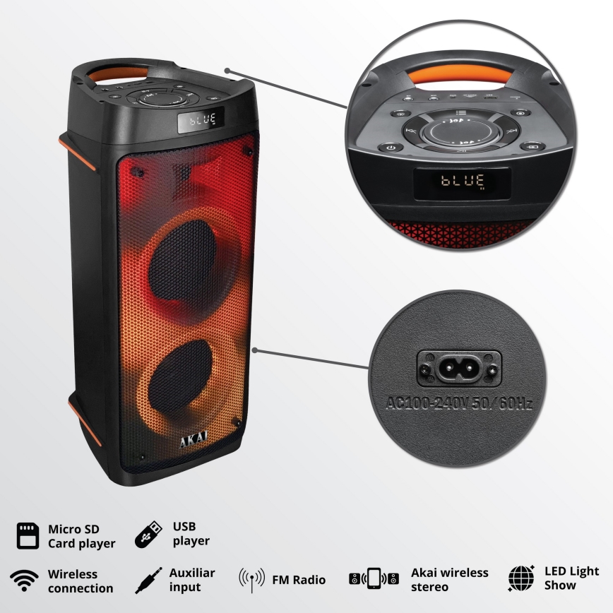 AKAI PARTY BOX 810 - Ασύρματο ηχείο 65 W / 230 V, μπαταρία 5000 mAh + τηλεχειριστήριο
