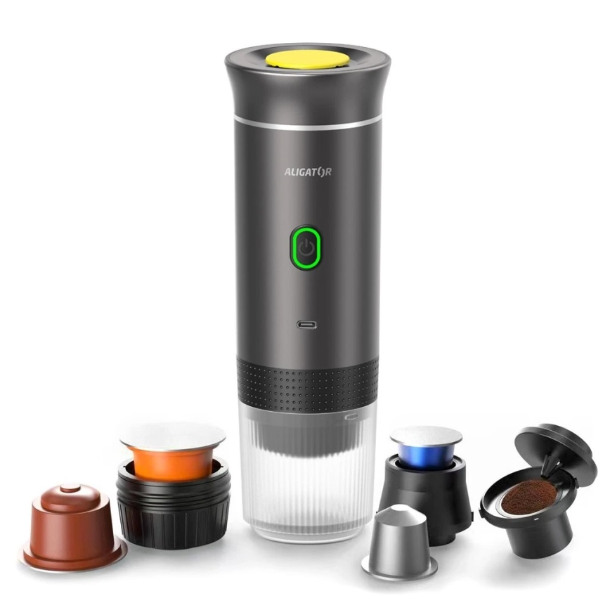 Aligator ACM002 - Ταξιδιωτική επαναφορτιζόμενη καφετιέρα PortaCaffé 3 σε 1 72W/7500 mAh γκρι