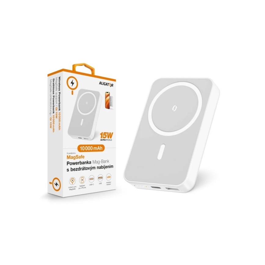 Aligator AMS04WT - Φορητός φορτιστής με ασύρματη φόρτιση Qi και MagSafe, 10000 mAh, 15W Power Delivery, σε μαύρο χρώμα