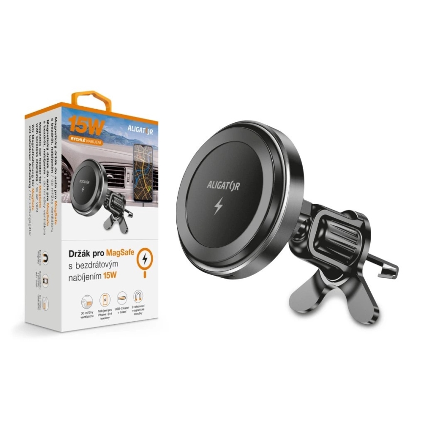Aligator AMS05BK - Μαγνητική βάση κινητού για αυτοκίνητο με ασύρματη φόρτιση Qi 15W και συμβατότητα MagSafe, μαύρη