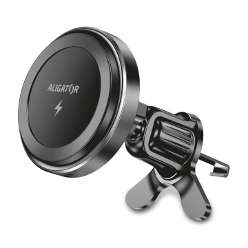 Aligator AMS05BK - Μαγνητική βάση κινητού για αυτοκίνητο με ασύρματη φόρτιση Qi 15W και συμβατότητα MagSafe, μαύρη