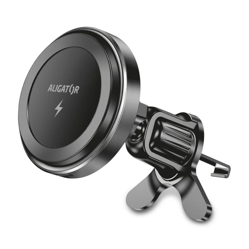 Aligator AMS05BK - Μαγνητική βάση κινητού για αυτοκίνητο με ασύρματη φόρτιση Qi 15W και συμβατότητα MagSafe, μαύρη