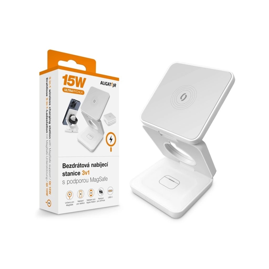 Aligator AMS09WT - Ασύρματος σταθμός φόρτισης MagSafe 3-σε-1 15W λευκός