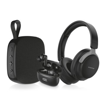 Aligator AUC001 - AUDIO COMBO 3 σε 1: over-ear ακουστικά 150 mAh, ασύρματα ακουστικά 200 mAh + 2x 30 mAh και ηχείο 1200 mAh