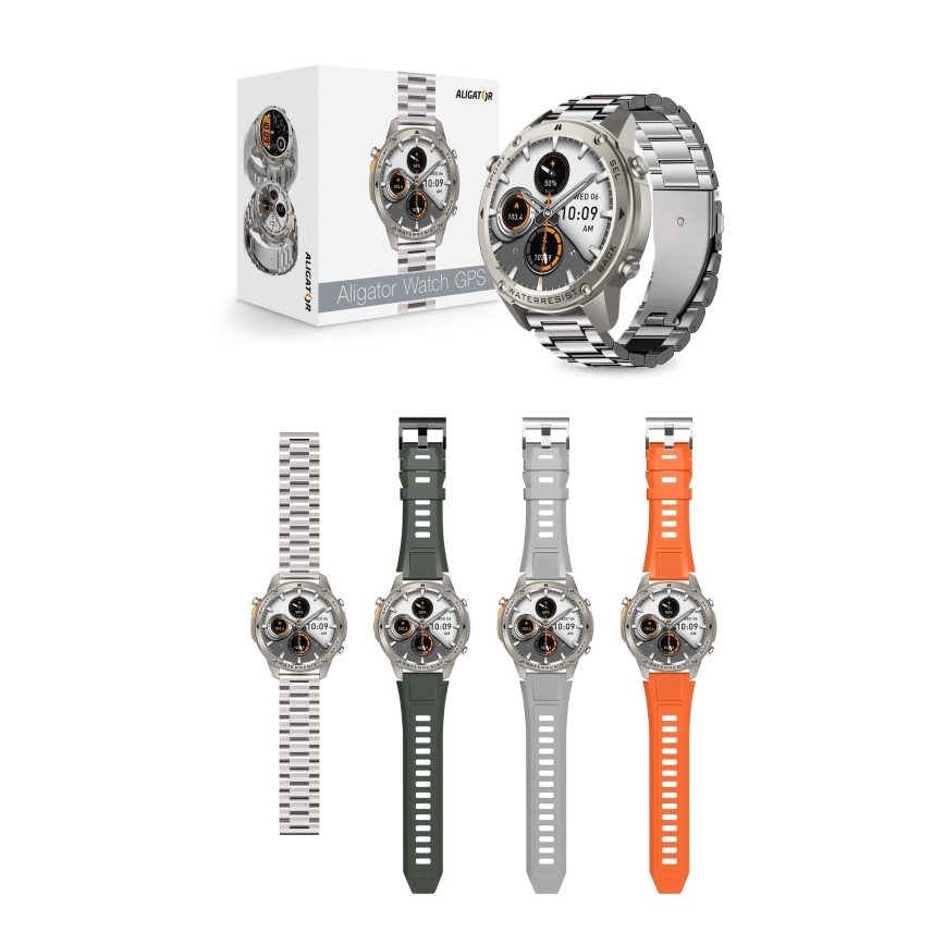 Aligator AW12SR - Έξυπνο ρολόι με GPS, μπαταρία 500 mAh, πιστοποίηση IP69K, ασημί