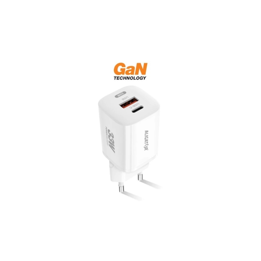 Aligator CHPD0020 - Ταχυφορτιστής GaN με Power Delivery 33W, USB-A + USB-C, λευκό