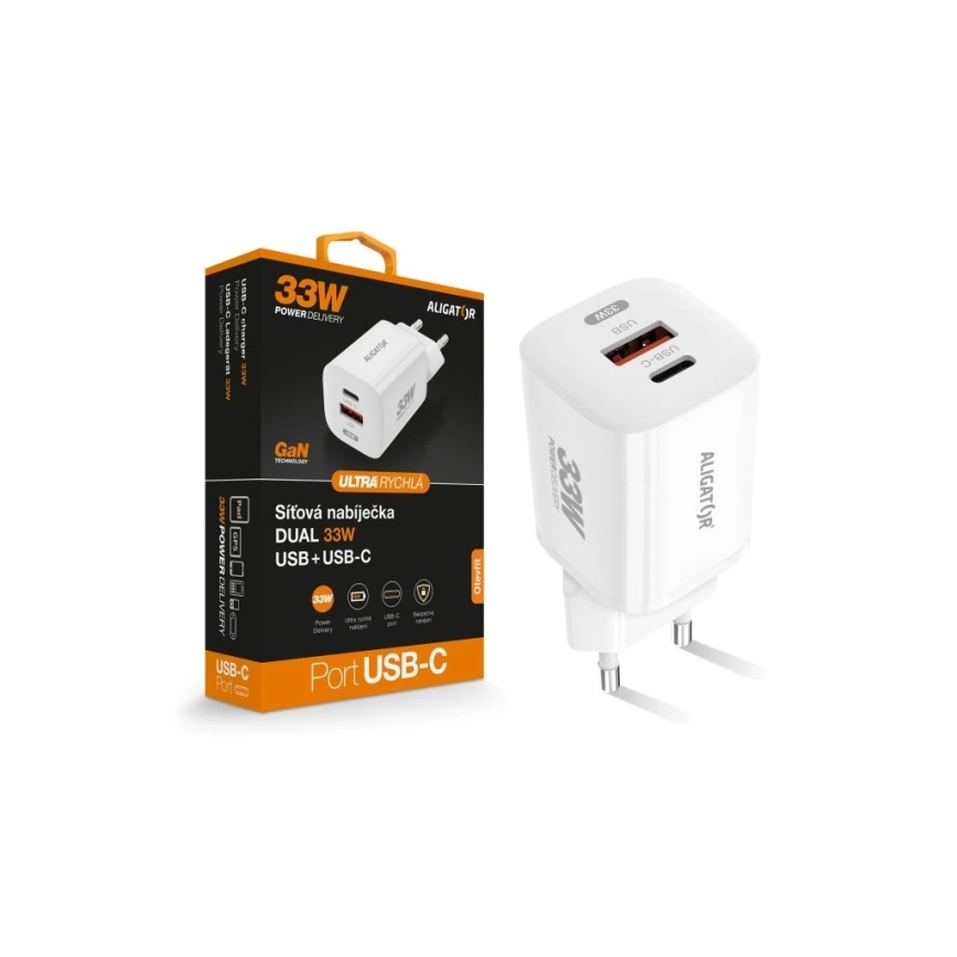 Aligator CHPD0020 - Ταχυφορτιστής GaN με Power Delivery 33W, USB-A + USB-C, λευκό