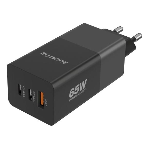 Aligator CHPD0027 - Ταχυφορτιστής GaN με Power Delivery 65W, 2x USB-C + USB-A, μαύρο