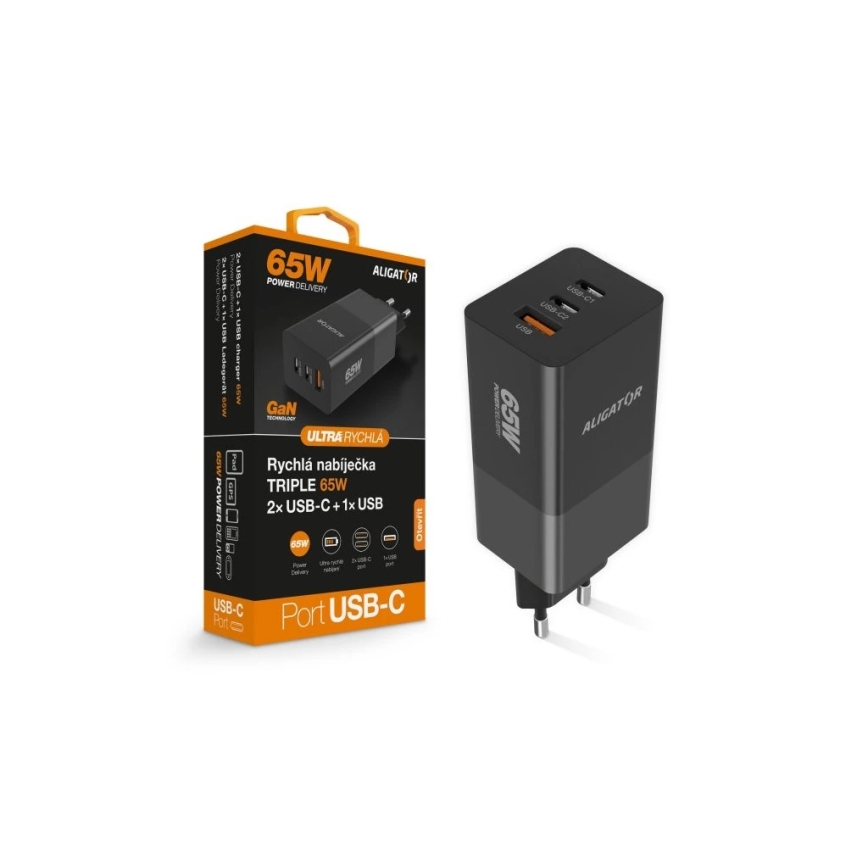 Aligator CHPD0027 - Ταχυφορτιστής GaN με Power Delivery 65W, 2x USB-C + USB-A, μαύρο