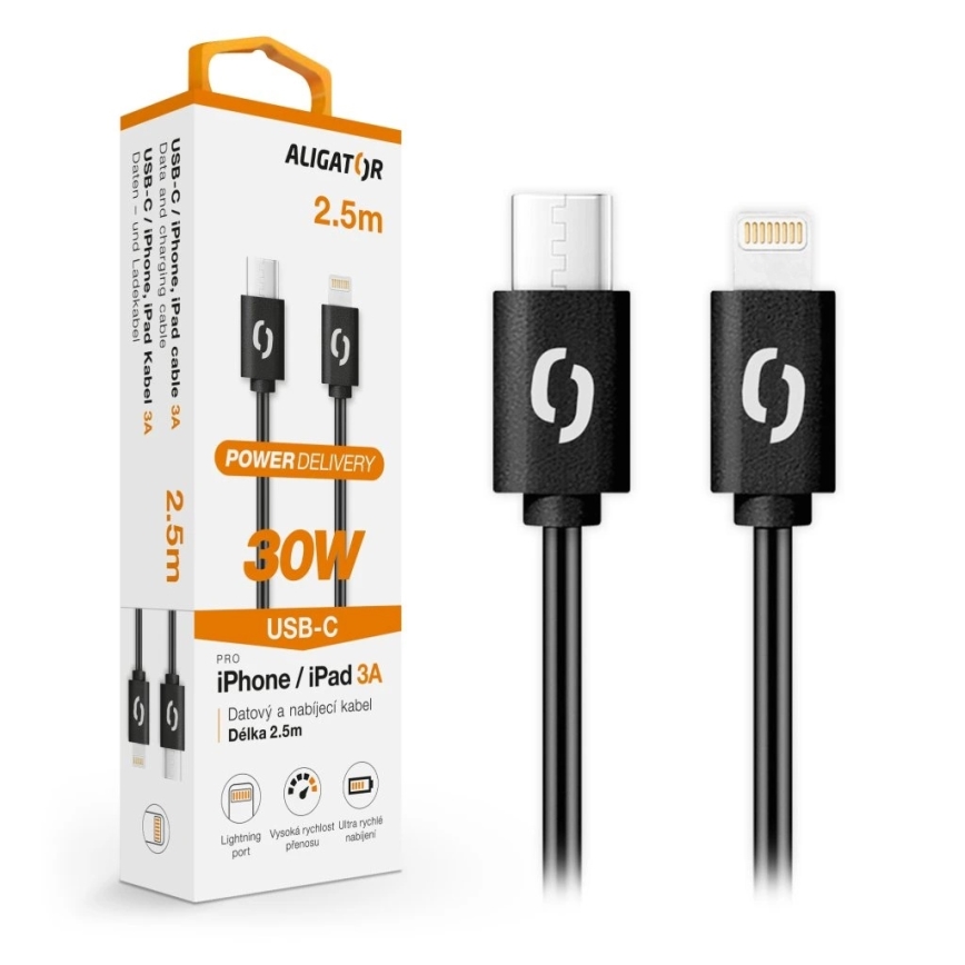 Aligator DATKP60 - USB καλώδιο USB-C / Lightning, 30W Power Delivery, 2,5 m, μαύρο
