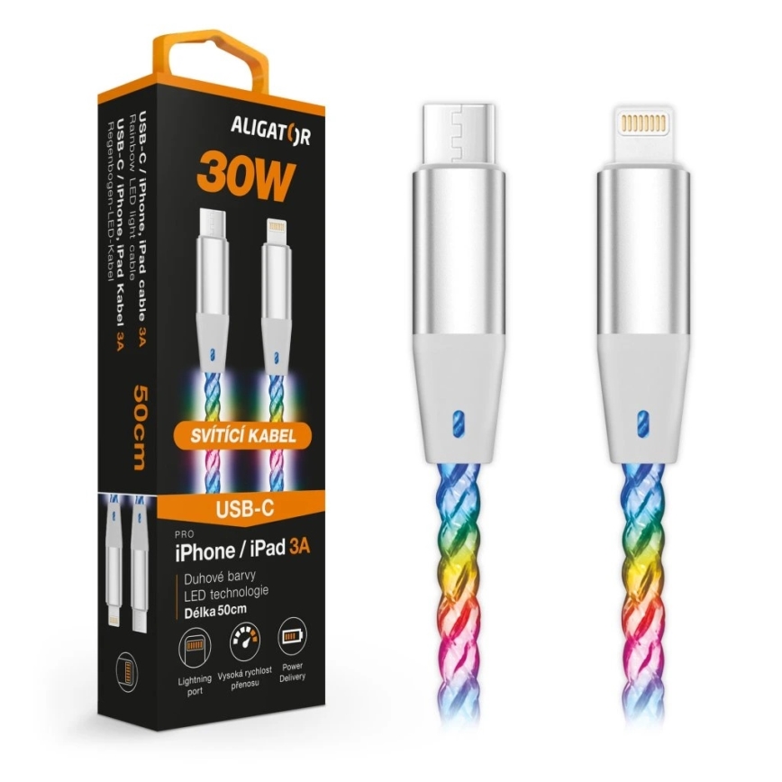 Aligator DATKP65 - Καλώδιο USB USB-C σε Lightning με ενσωματωμένο LED φωτισμό, 30W Power Delivery (PD) 0,5m