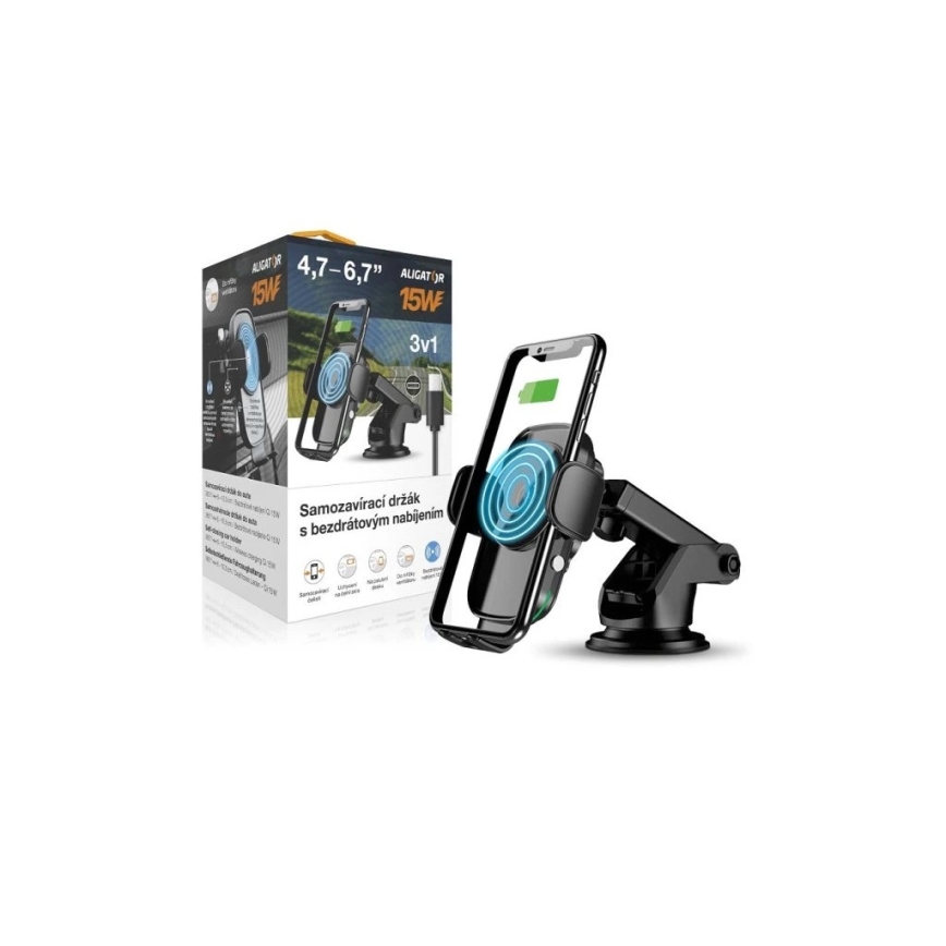 Aligator HAK2 - Βάση αυτοκινήτου για κινητό με αυτόματο κλείσιμο και ασύρματη φόρτιση Qi 15W, μαύρη