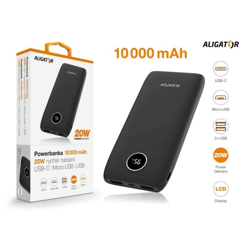 Aligator PBPD10BK - Power Bank με οθόνη LCD, Power Delivery, 10000 mAh/20W/3,7V, μαύρο