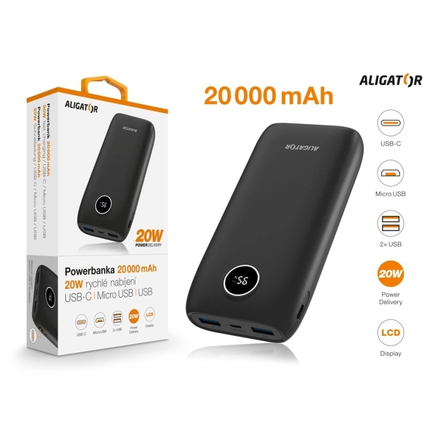 Aligator PBPD20BK - Φορητός φορτιστής με οθόνη LCD, Power Delivery, 20000 mAh/20W/3,7V, μαύρο