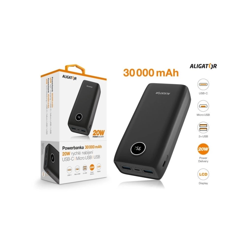 Aligator PBPD30BK - Power Bank με οθόνη LCD Power Delivery 30000 mAh/20W/3,7V μαύρο