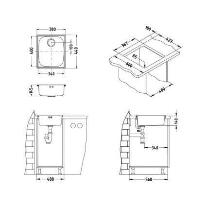 ALVEUS 1082195 - Νεροχύτης κουζίνας BASIC 44x38 cm ανοξείδωτος/σατινέ, μεγάλη οπή αποστράγγισης