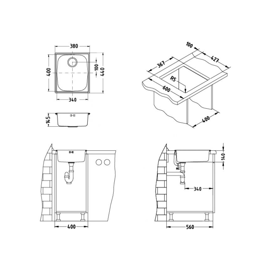 ALVEUS 1082195 - Νεροχύτης κουζίνας BASIC 44x38 cm ανοξείδωτος/σατινέ, μεγάλη οπή αποστράγγισης