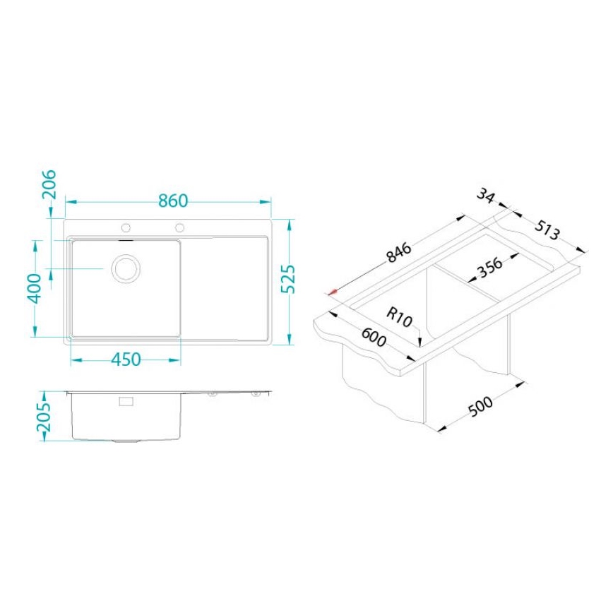 ALVEUS 1103652 - Νεροχύτης κουζίνας PURE 86x52,5 cm σατινέ, αριστερός