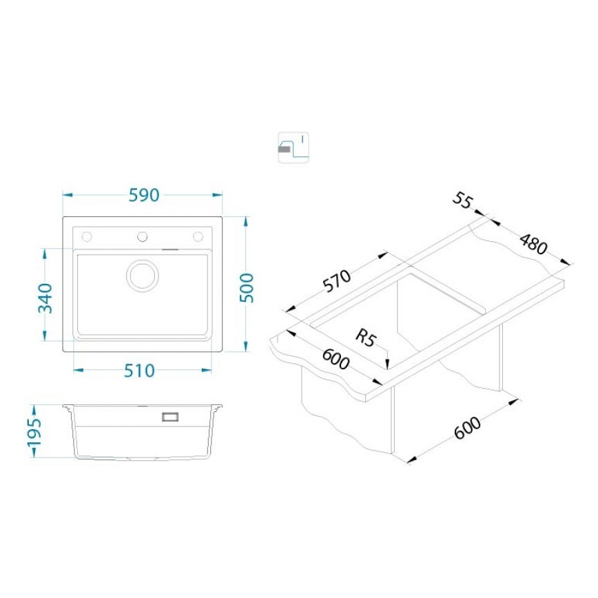ALVEUS 1148162 - Νεροχύτης κουζίνας ATROX 59x50 cm γρανίτης/μαύρο