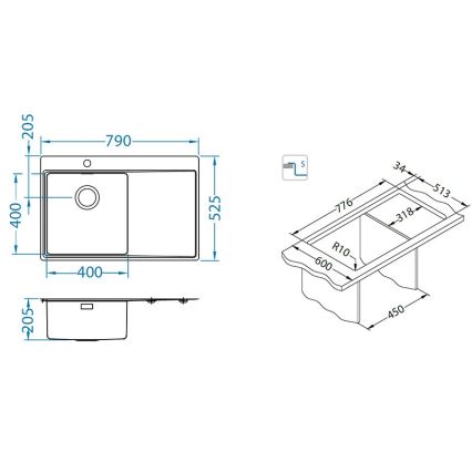 ALVEUS 1149516 - Νεροχύτης κουζίνας PURE 79x52,5 cm σατέν, δεξιός + σίφωνας με σύστημα click-clack