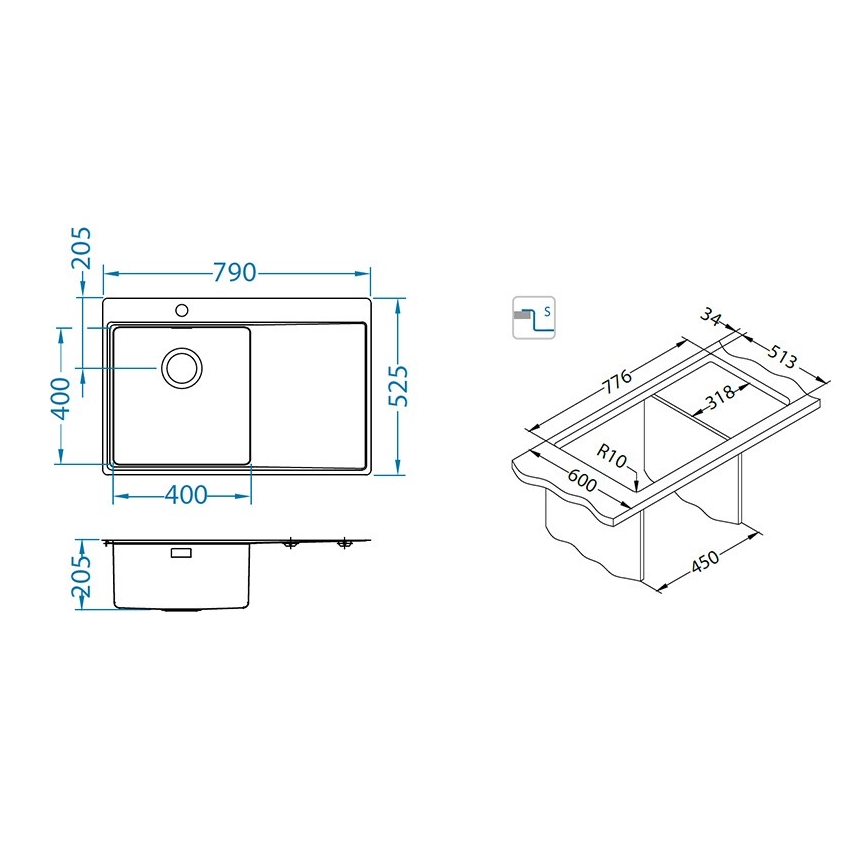 ALVEUS 1149516 - Νεροχύτης κουζίνας PURE 79x52,5 cm σατέν, δεξιός + σίφωνας με σύστημα click-clack