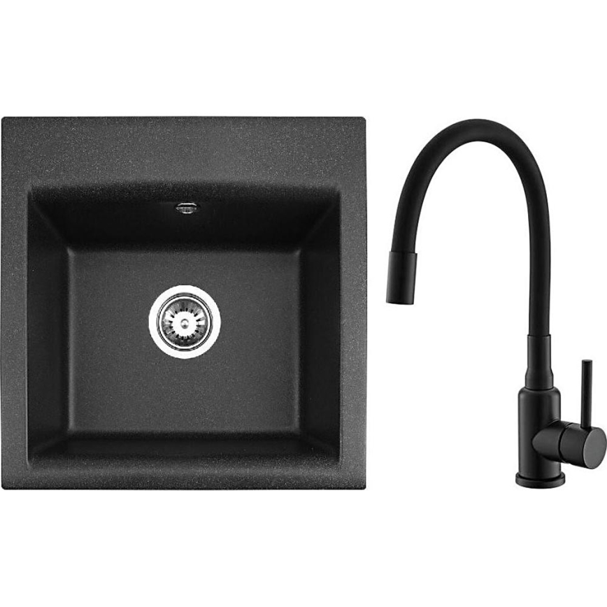 ALVEUS SETA23193 - Νεροχύτης Κουζίνας ATROX 50x50 cm + βρύση νεροχύτη με ευέλικτο λαιμό MINTAS 34 cm από γρανίτη/ματ μαύρη