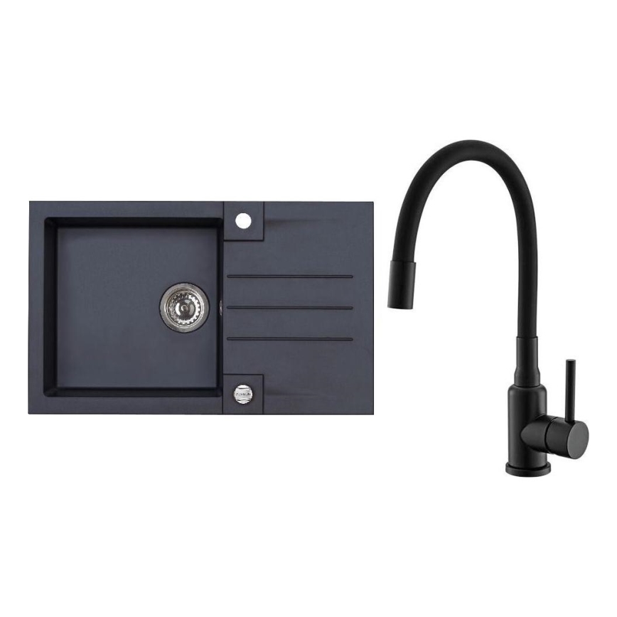 ALVEUS SETA23201 - Νιπτήρας Κουζίνας ROCK 78x48 cm + μπαταρία με ευέλικτο βραχίονα MINTAS 34 cm γρανίτη/ματ μαύρη