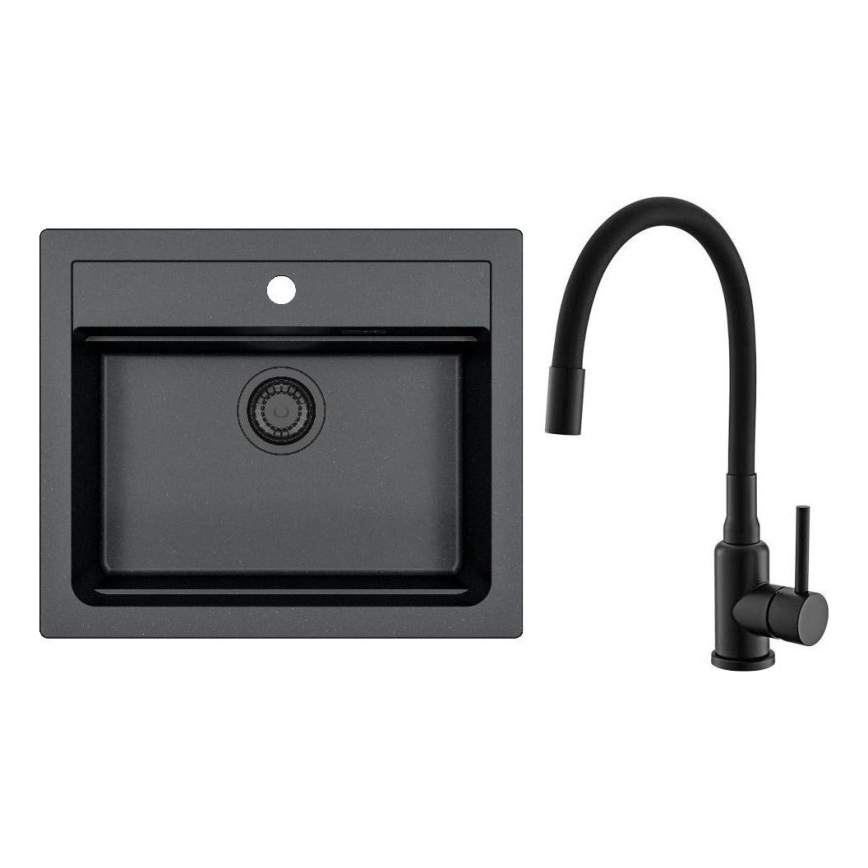 ALVEUS SETA23228 - Νιπτήρας κουζίνας ATROX 59x50 cm + μπαταρία νιπτήρα με ευέλικτο βραχίονα MINTAS 34 cm γρανίτης/ματ μαύρος