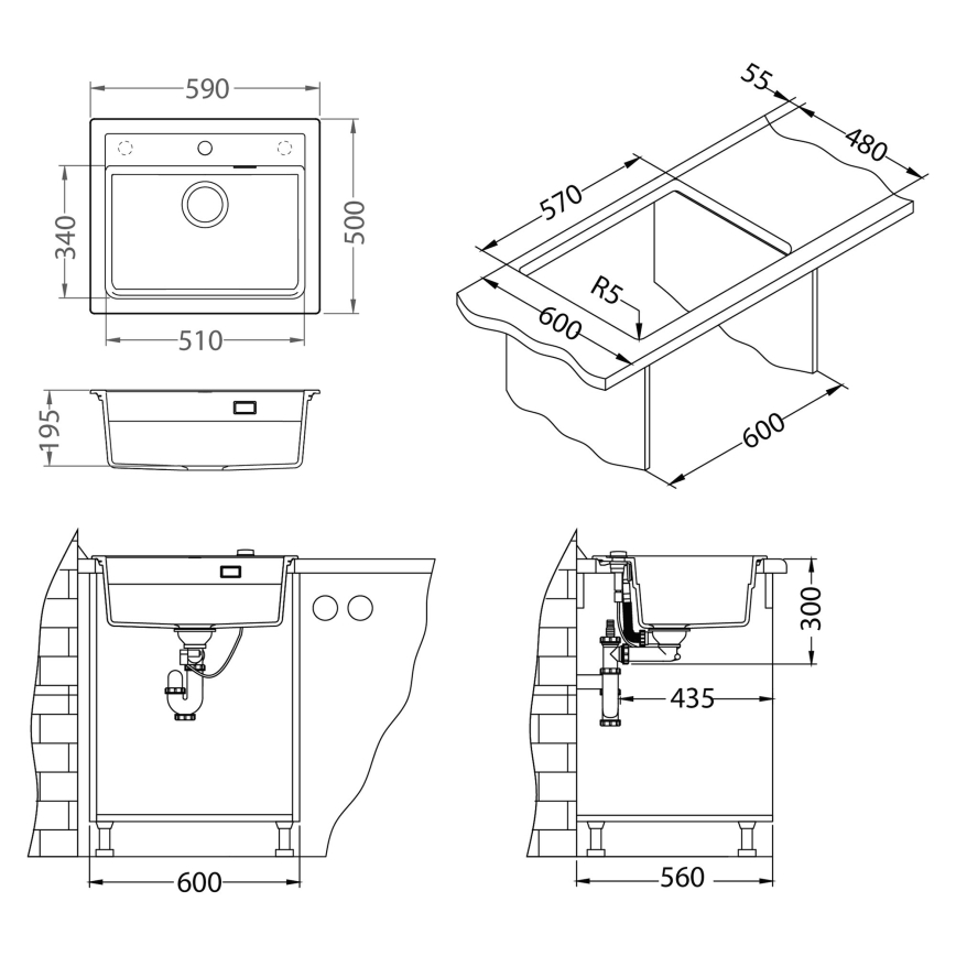 ALVEUS SETA23228 - Νιπτήρας κουζίνας ATROX 59x50 cm + μπαταρία νιπτήρα με ευέλικτο βραχίονα MINTAS 34 cm γρανίτης/ματ μαύρος