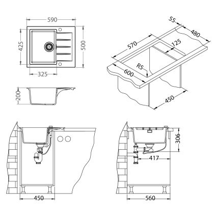 ALVEUS SETA23230 - Νιπτήρας κουζίνας CADIT 59x50 cm + Μπαταρία νιπτήρα με ευέλικτο βραχίονα MINTAS 34 cm γρανίτης/ματ μαύρος