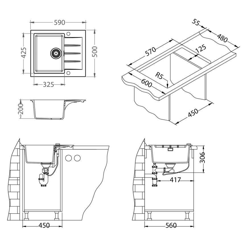 ALVEUS SETA23230 - Νιπτήρας κουζίνας CADIT 59x50 cm + Μπαταρία νιπτήρα με ευέλικτο βραχίονα MINTAS 34 cm γρανίτης/ματ μαύρος