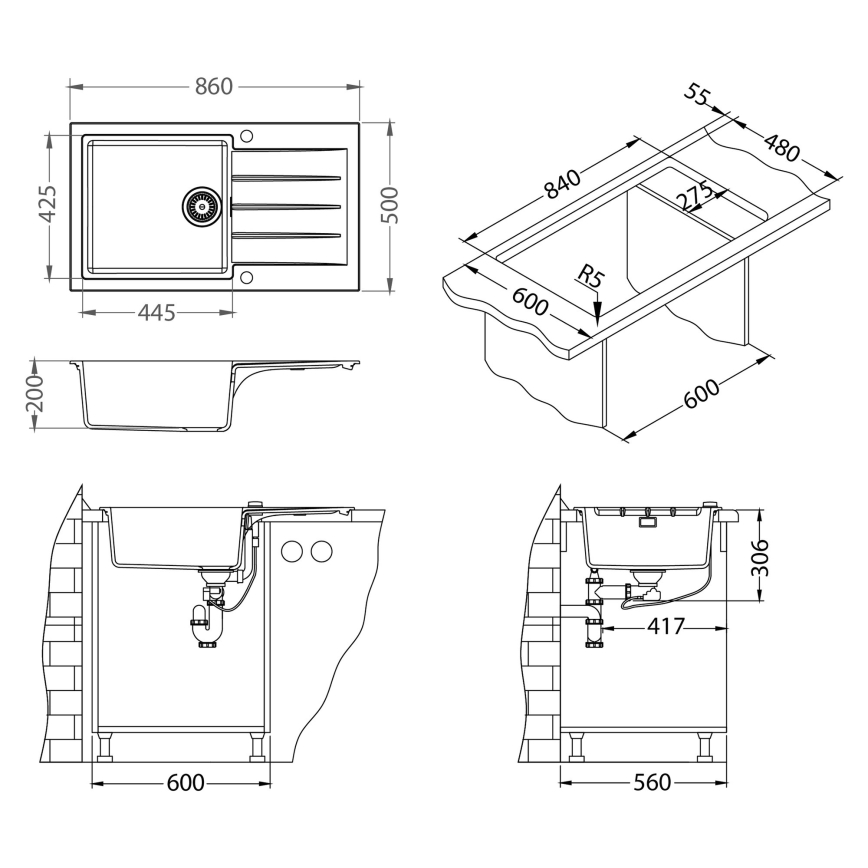 ALVEUS SETA23232 - Εργαστηριακός νεροχύτης CADIT 86x50 cm + βρύση με ευλύγιστο χερούλι MINTAS 34 cm γρανίτη/ματ μαύρος