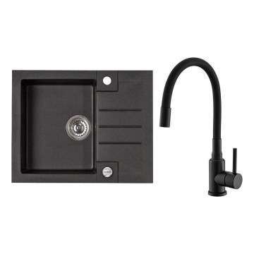 ALVEUS SETA23236 - Νιπτήρας κουζίνας ROCK 59,5x47,5 cm + τηλέφωνο με ευέλικτο χερούλι MINTAS 34 cm γρανίτης/ματ μαύρο