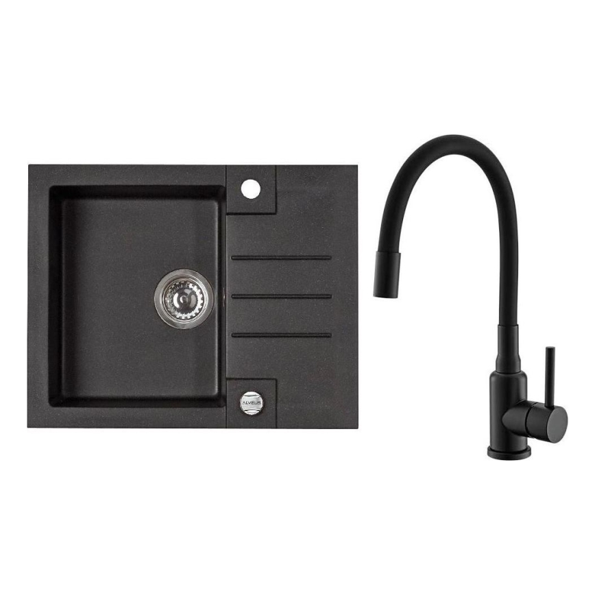 ALVEUS SETA23236 - Νιπτήρας κουζίνας ROCK 59,5x47,5 cm + τηλέφωνο με ευέλικτο χερούλι MINTAS 34 cm γρανίτης/ματ μαύρο