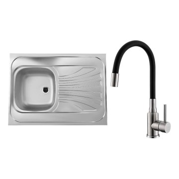ALVEUS SETA24019 - Νεροχύτης Κουζίνας CLASSIC 80x60 cm + μπαταρία νεροχύτη με εύκαμπτο βραχίονα MINTAS 34 cm βουρτσισμένο ανοξείδωτο/μαύρο