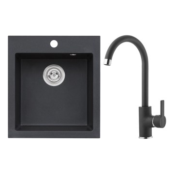 ALVEUS SETA737 - Νεροχύτης Κουζίνας CORTINA 50x45 cm + βρύση νεροχύτη με ευέλικτο λαιμό TONIA 29,5 cm από γρανίτη/ματ μαύρη