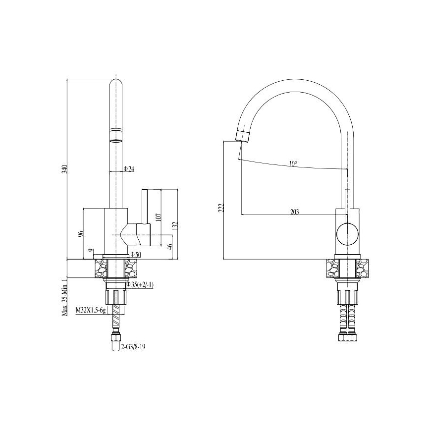 ALVEUS SETA737 - Νεροχύτης Κουζίνας CORTINA 50x45 cm + βρύση νεροχύτη με ευέλικτο λαιμό TONIA 29,5 cm από γρανίτη/ματ μαύρη