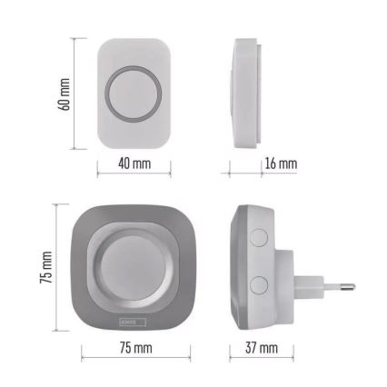 Ασύρματη κουδούνι για πρίζα 230V + 1xCR2032 IP44 γκρι