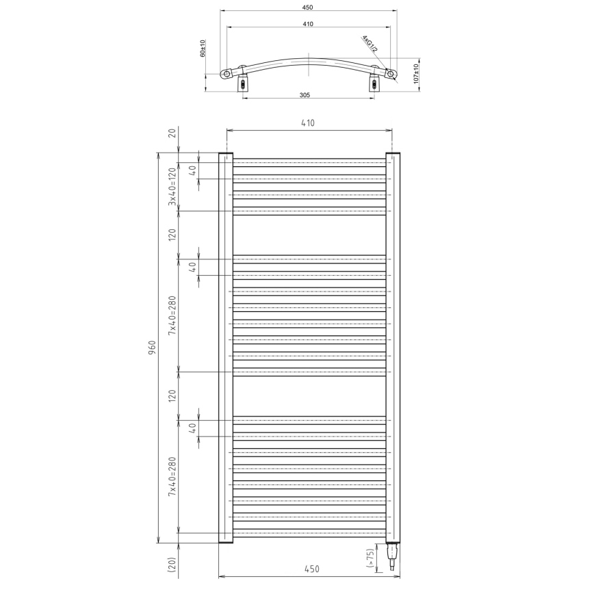 Aqualine - Ηλεκτρική πετσετοκρεμάστρα μπάνιου ORBIT-E, 300 W, 96 x 45 εκ., λευκή, στρογγυλή