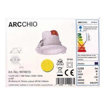 Arcchio - Εντοιχιζόμενο φωτιστικό LED ARIAN LED/12,5W/230V IP44