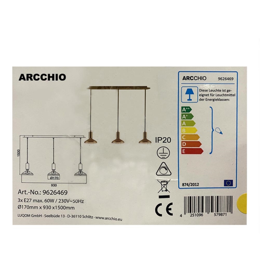 Arcchio - Κρεμαστό φωτιστικό οροφής ράγα JAIKA 3xE27/60W/230V