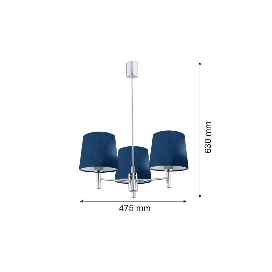 Argon 1381 - Κρεμαστό φωτιστικό τρίφωτο BOLZANO 3xE27/15W/230V μπλε/γυαλιστερό χρώμιο