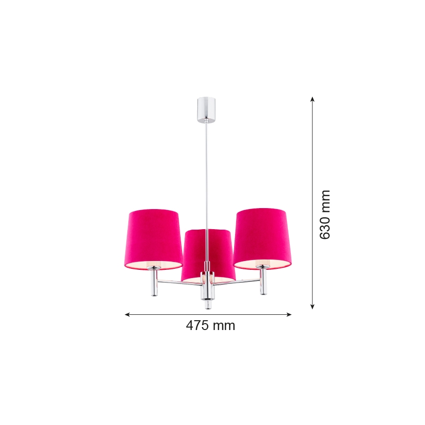 Argon 1382 - Κρεμαστό φωτιστικό τρίφωτο BOLZANO 3xE27/15W/230V ροζ/γυαλιστερό χρώμιο