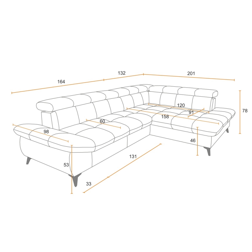 Ανακλινόμενος γωνιακός καναπές σε σχήμα L MARANO αριστερή πλευρά πορτοκαλί