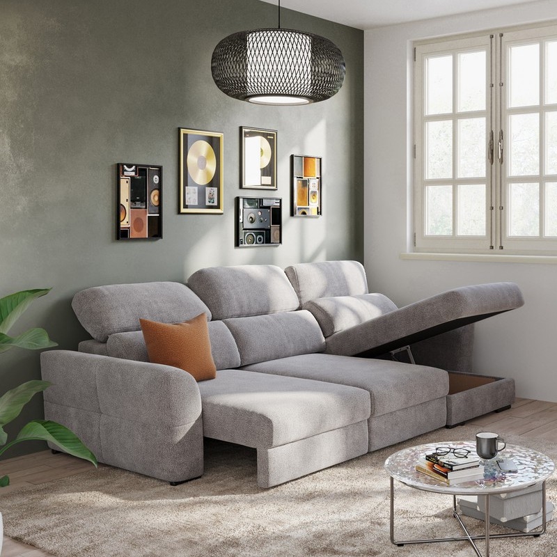 Αναστρέψιμος τριθέσιος γωνιακός καναπές-κρεβάτι με αποθηκευτικό χώρο TRENTO taupe