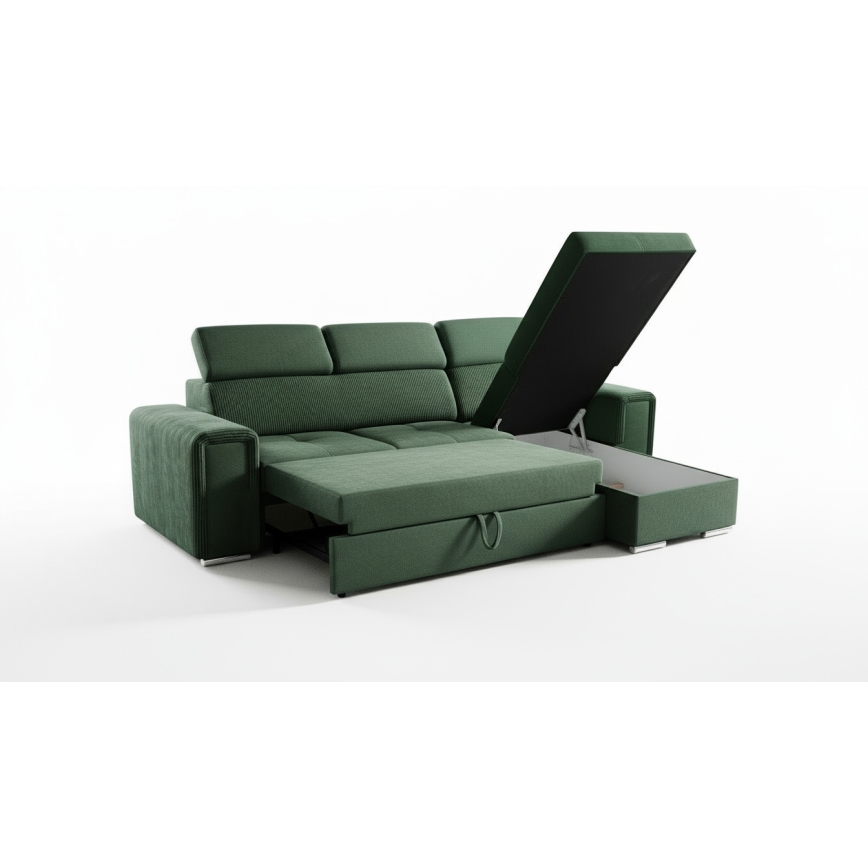 Πολυχρηστικός γωνιακός καναπές-κρεβάτι σε σχήμα L με αποθηκευτικό χώρο SALVADA, πράσινος