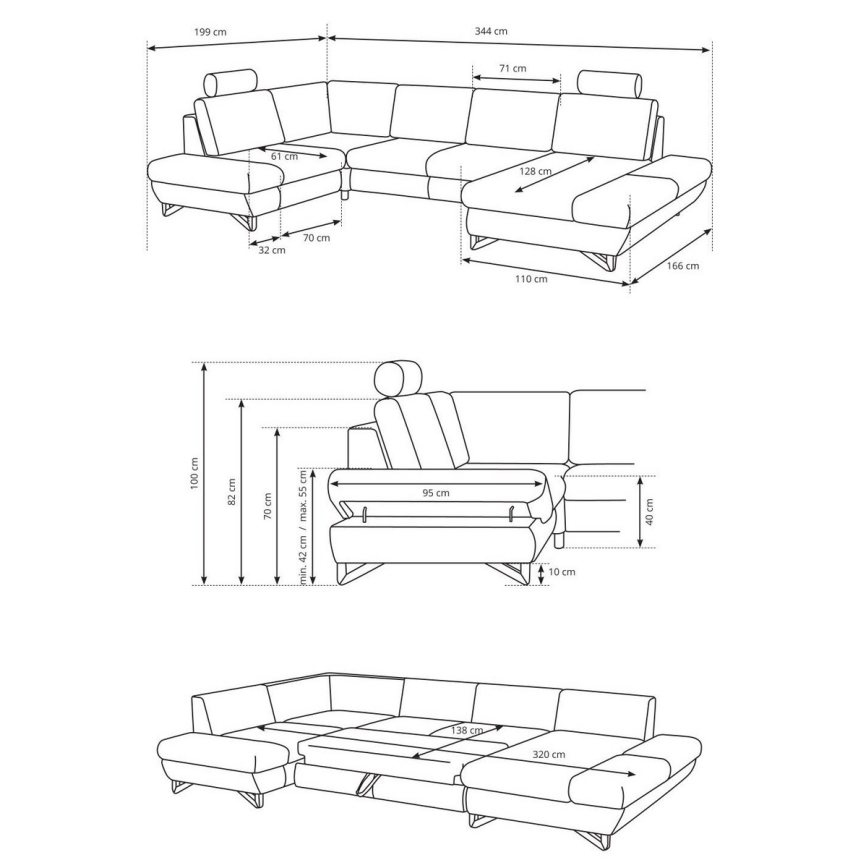 Αναδιπλούμενη γωνιακή επενδεδυμένη σύνθεση καθιστικού AVESTA σε σχήμα U με αποθηκευτικό χώρο, γκρι